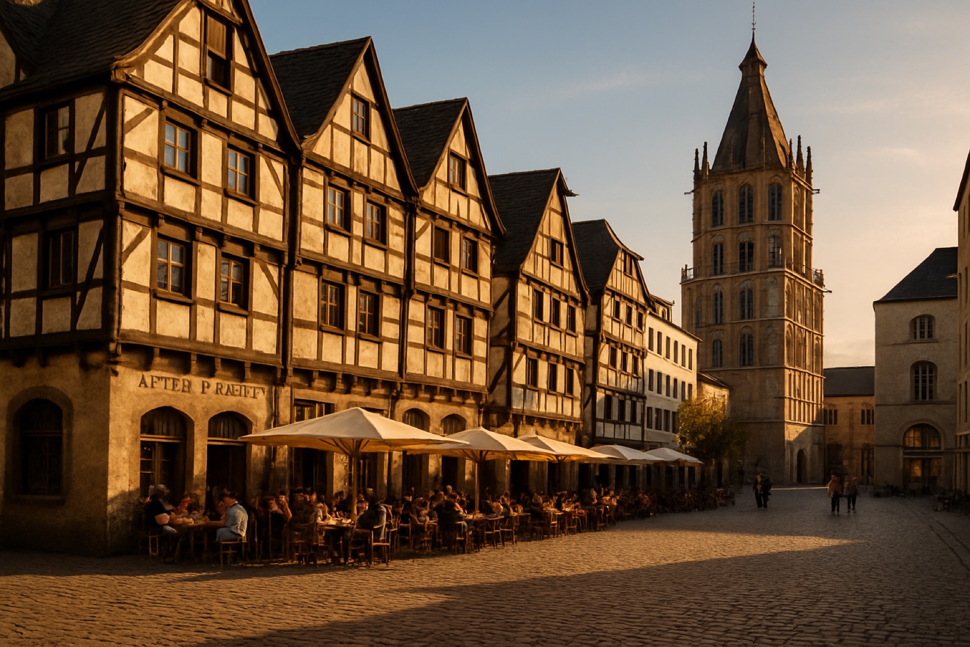 Families strolling in Cologne Old Town near the Rhine