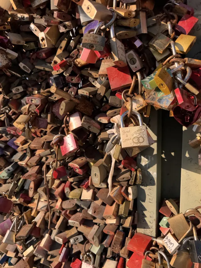 Close-up of engraved padlocks on the Hohenzollern Bridge