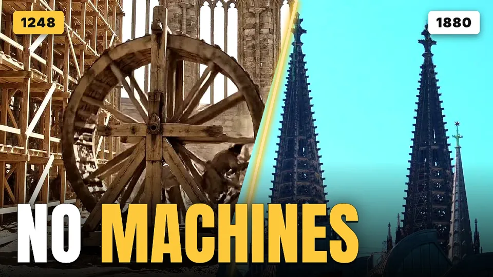 Video thumbnail: a medieval treadwheel crane beside the finished twin towers of Cologne Cathedral, with the words No Machines
